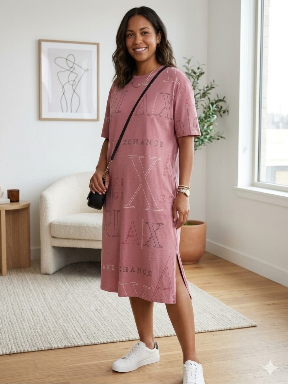 Armani Exchange Dusty Pink Logo-Print Short Sleeve T Shirt Dress